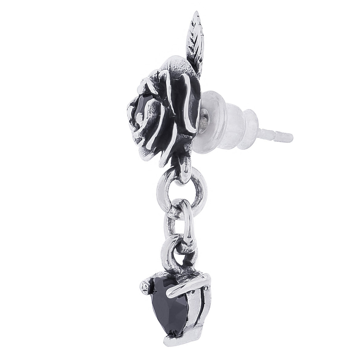 ユニセックス ドロップピアス シルバー925 薔薇 ハート ブラックジルコニア 片耳用 1個売り (TE400-0015)