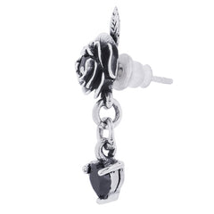 ユニセックス ドロップピアス シルバー925 薔薇 ハート ブラックジルコニア 片耳用 1個売り (TE400-0015)