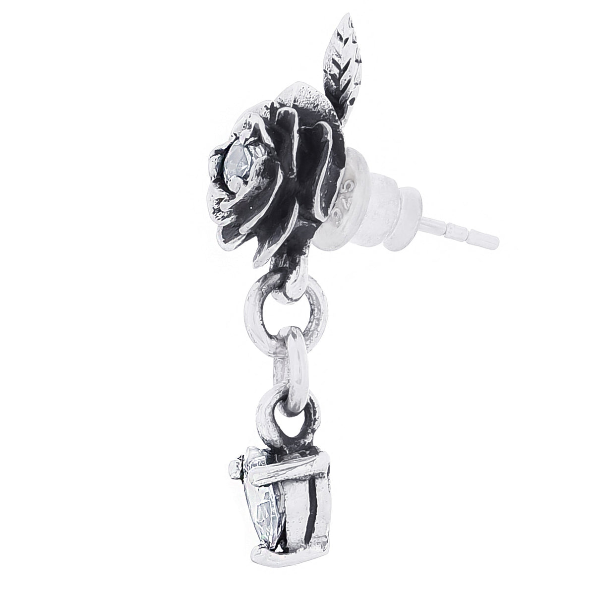 ユニセックス ドロップピアス シルバー925 薔薇 ハート ジルコニア 片耳用 1個売り (TE400-0015)