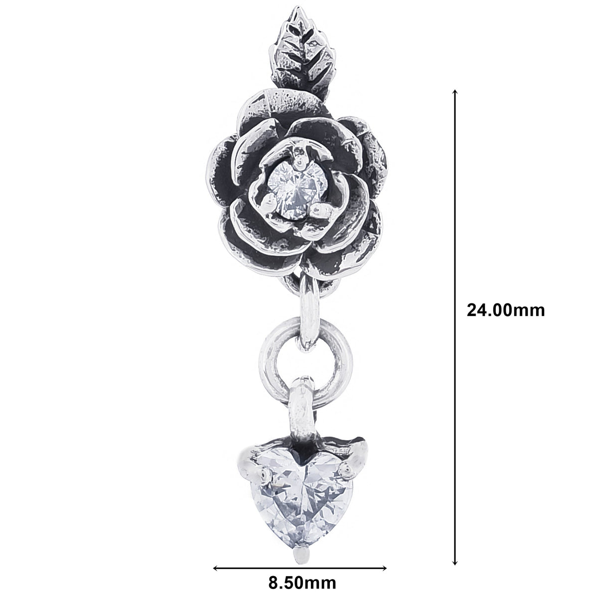 ユニセックス ドロップピアス シルバー925 薔薇 ハート ジルコニア 片耳用 1個売り (TE400-0015)