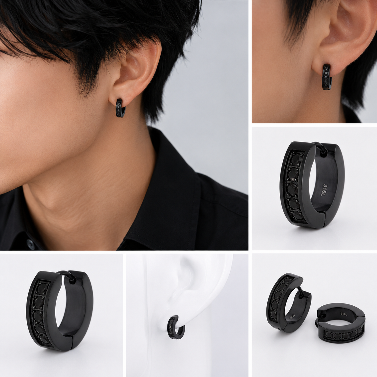 メンズ フープピアス ブラック 2mmブラックジルコニア 片耳用 1個売り (TEEST-0061 BK&BK)